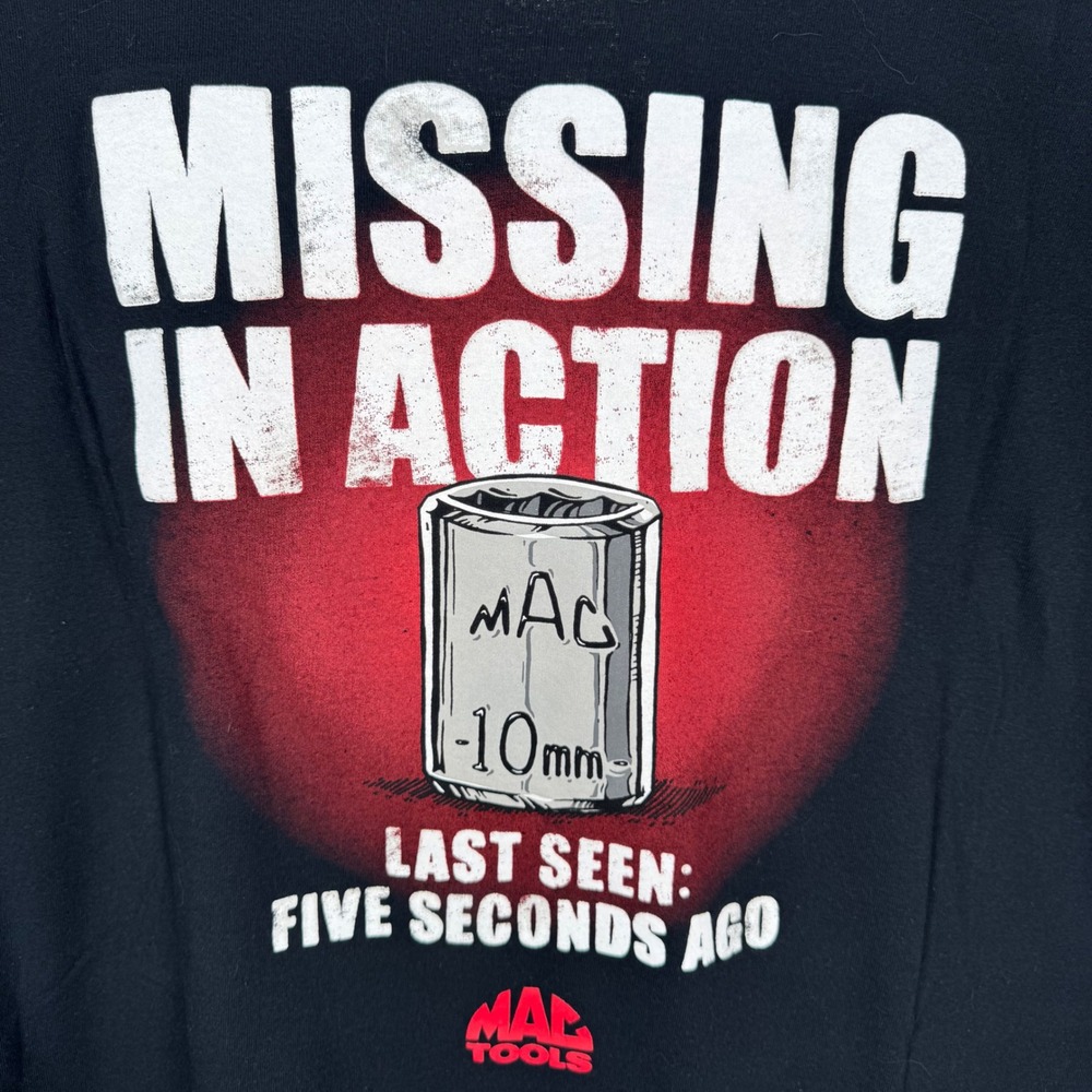 Mac Tools T-Shirt Mens 2X Black Missing In Action 10mm Socket Graphic Tee